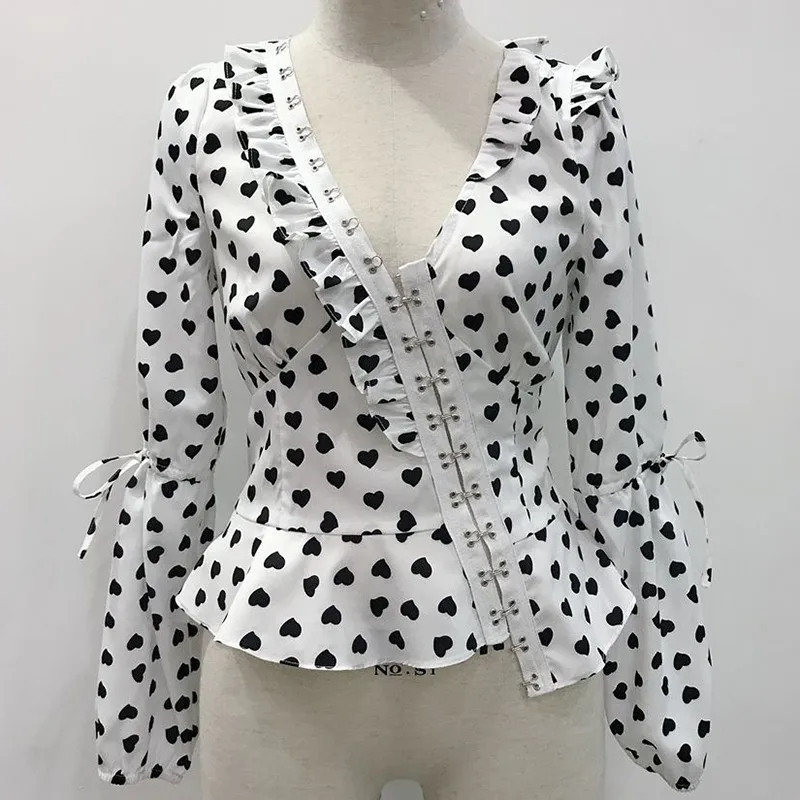 

VGH Printed Lace Up Bowknot Shirt For Women V Neck Puff Long Sleeve Patchwork Ruffle Sexy Blouse Female Fashion New Clothing