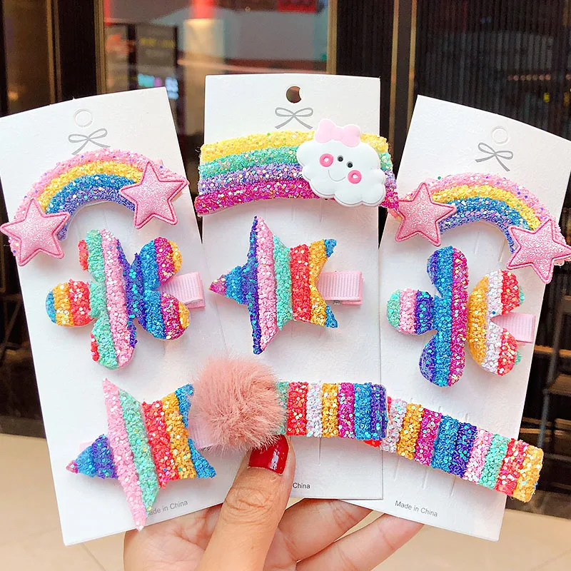 Girls' Rainbow Star and Flower Hair Clips Set, 3/5pcs Sweet Hair Ornaments, Fashion Hair Accessories Barrette and Headband image 6