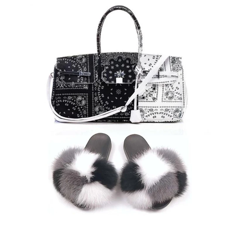 

Women Shoes Comfortable Furry Slippers With Purses Sets Summer Extra Fluffy Sandals And Handbags Real Fox Fur Slides And Bags