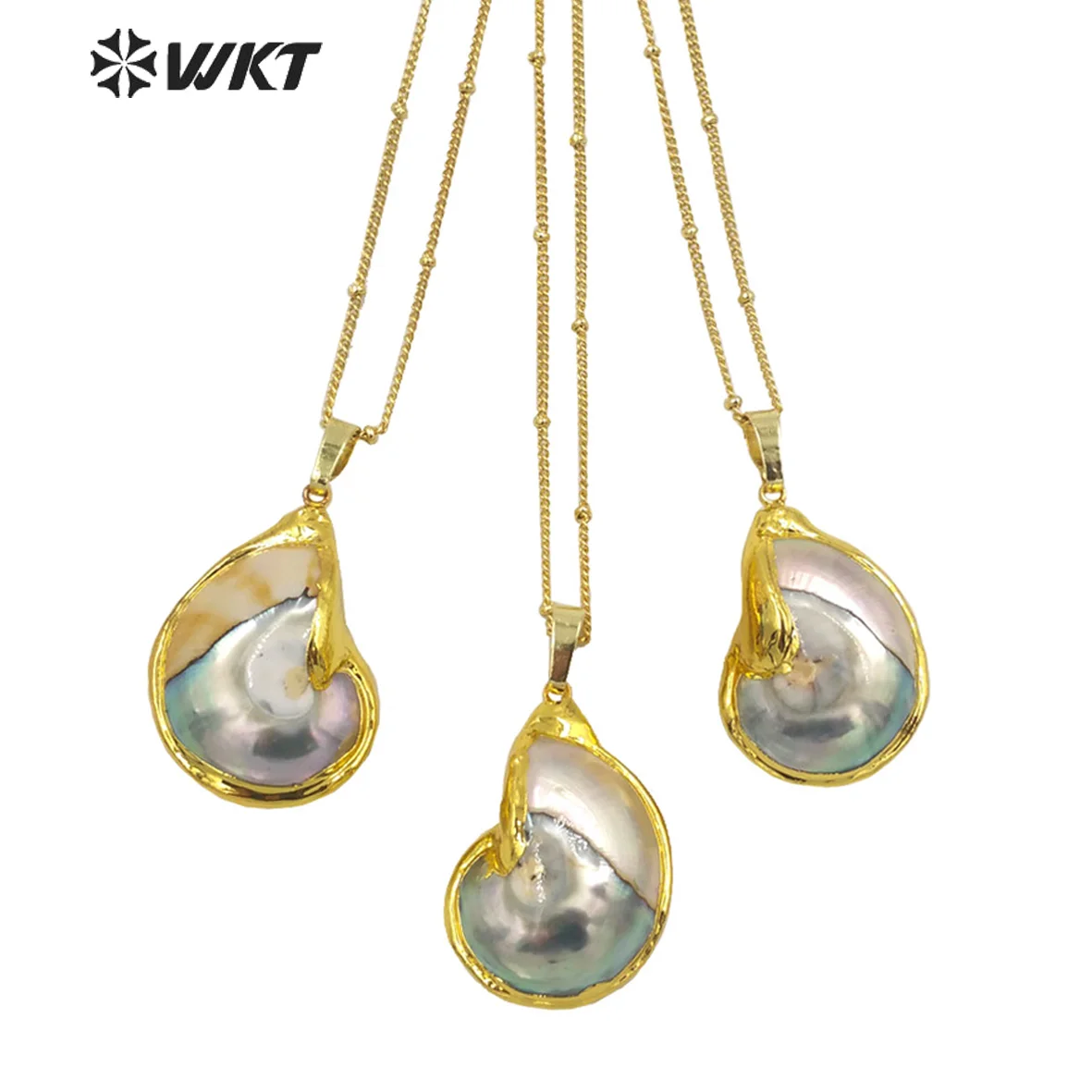 

WT-JN170 WKT Fashion Pearl Necklace Seashell Pendant Conch Necklace Gold Electroplated Marine Life Jewelry Mabe fossil Necklace