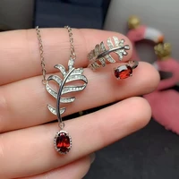 hotsale silver feather ring pendant jewelry set for party 57mm vvs grade natural garnet ring 925 silver garnet jewelry set