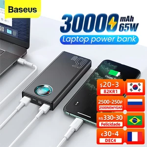 baseus 65w power bank 30000mah usb c pd quick charge 20000 powerbank portable external battery charger for iphone xiaomi laptop free global shipping