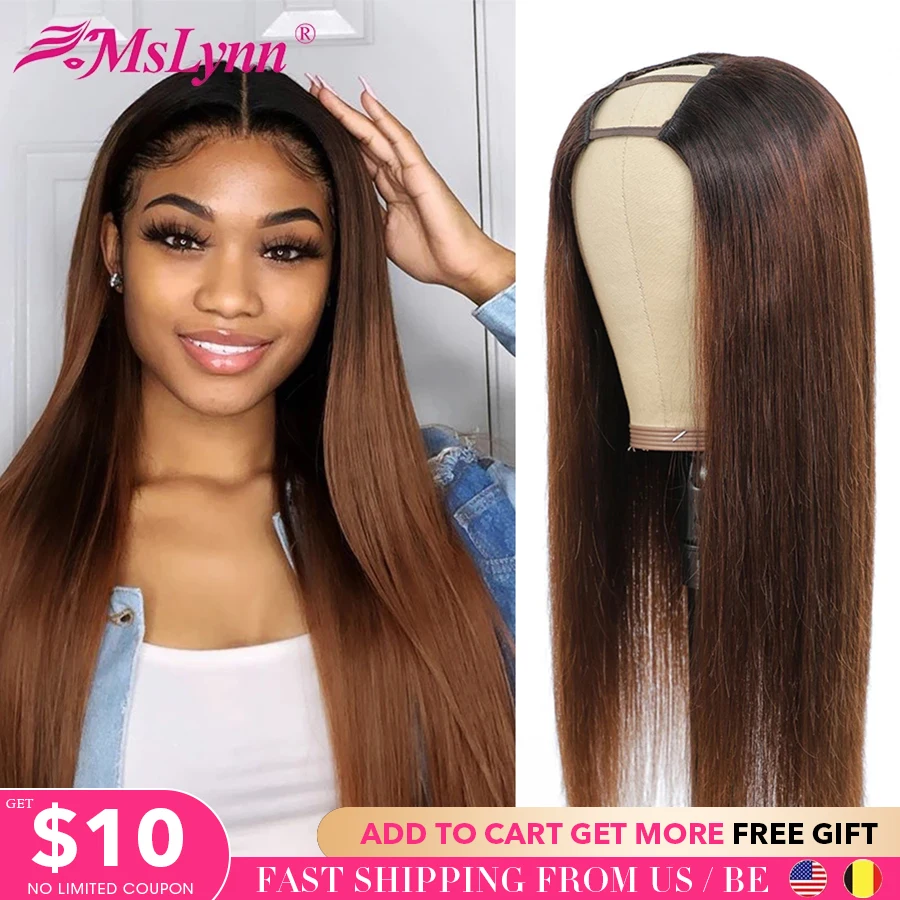 

U Part Wig Human Hair Ombre Human Hair Wig 1b/#4 Brown Wig Straight Human Hair Wigs Full Machine Made Mslynn Remy Hair