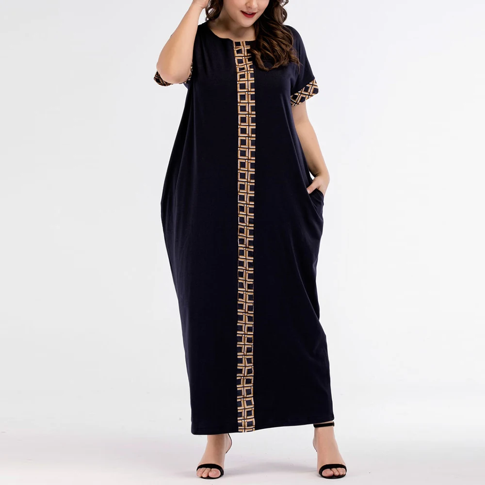 Женское платье-макси с круглым вырезом и коротким рукавом большого размера |