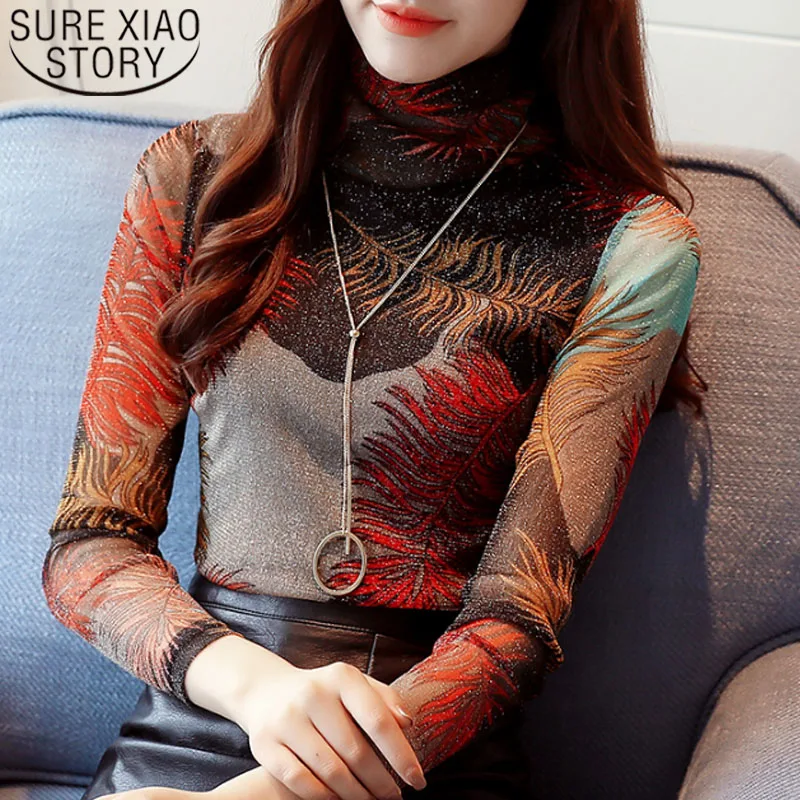 

2019 Autumn Fashion Women Blouses Casual Printed Elegant Women Clothing Long Sleeve Turtleneck Women Tops Office Lady 5622 50