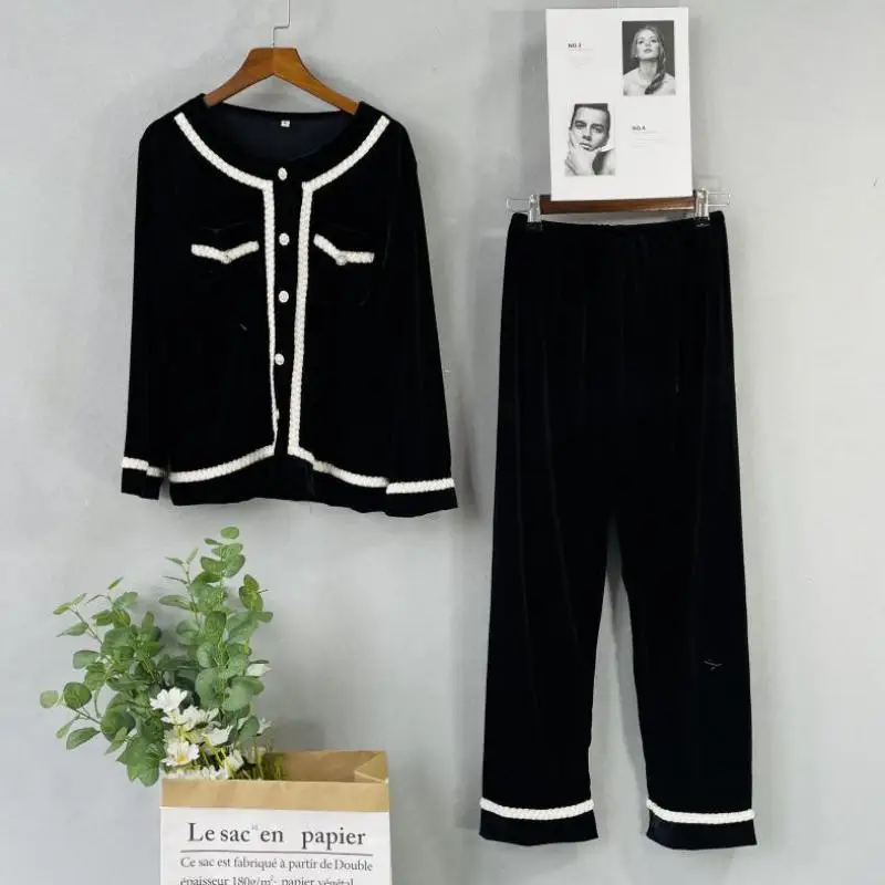 

Autumn Winter Long Sleeve Pijamas Suit Female Velvet Pajamas Set Sleepwear Loose Casual Elastic Waist Trouser Home Clothes