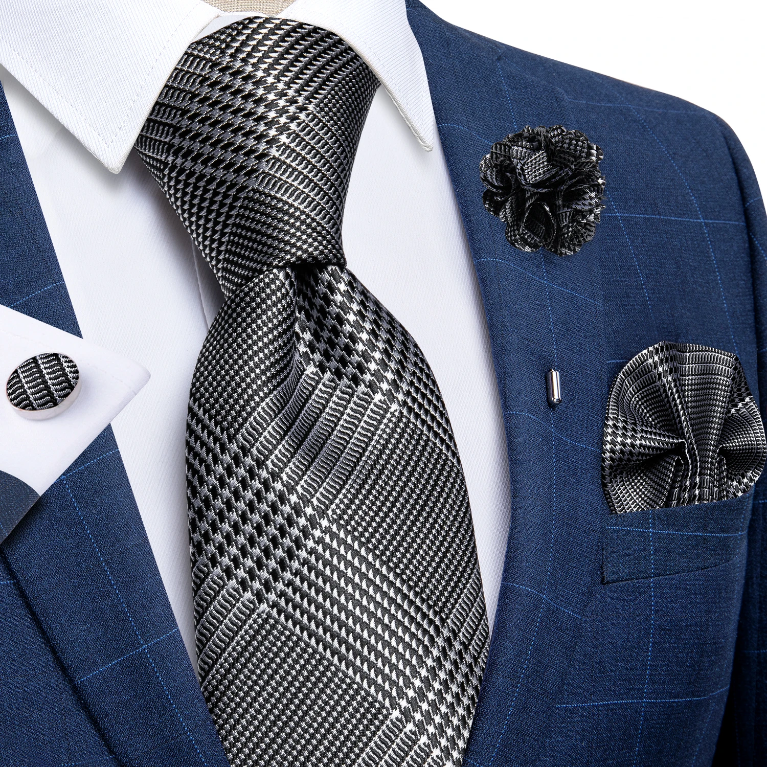 Роскошные черные серебряные шелковые галстуки 8 см с узором «гусиные лапки» для мужчин, свадебные галстуки на шею, платок, запонки, брошь, му...