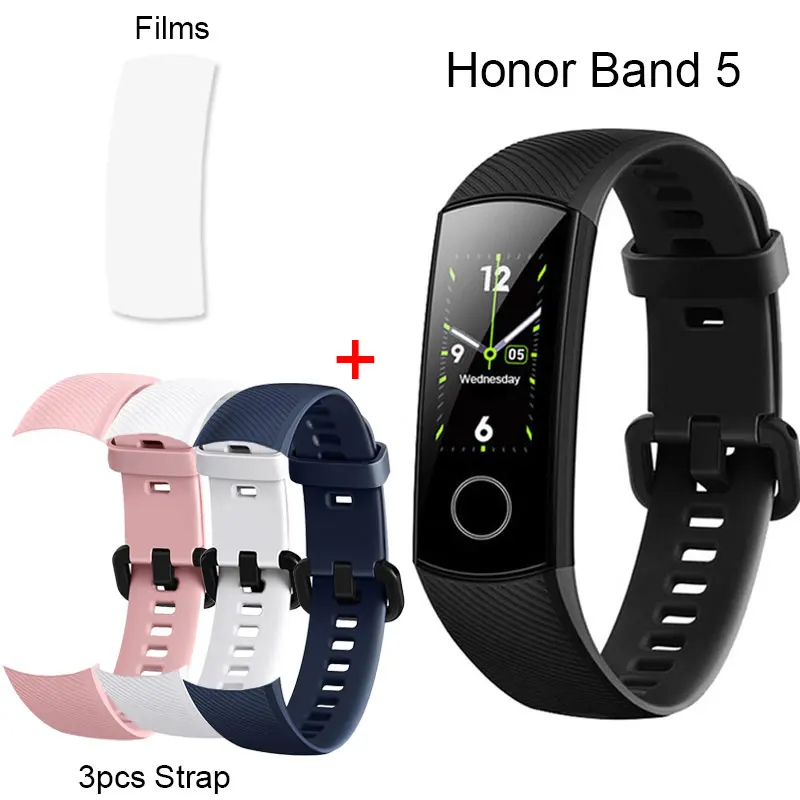 Add Pink Blue White Honor Band 5 Смарт-браслет AMOLED сенсорный цветной экран для плавания Обнаружение пульса 5ATM водонепроницаемый Honor Band - Цвет: Add Pink Blue White