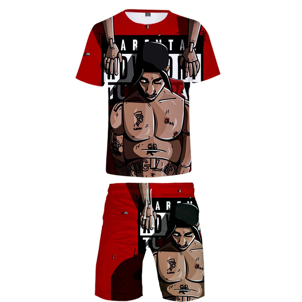

Red Sweat Absorption Summer Man T-Shirt Shorts 2-Piece Set Fashion Avatar Portrait Kungfu Muscle Bodybuilding Sweat Absorption