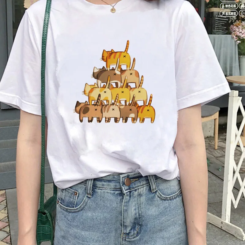 

Summer 2021 Women T Shirt Cute Cats Print Tees Tops Casual O-Neck Ladies Harajuku Kawaii Street casual loose short sleeve