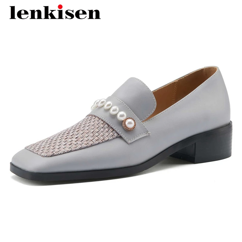 

Lenkisen newest style genuine leather pearl straw square toe thick med heel slip on beauty girls dress gorgeous women pumps L02