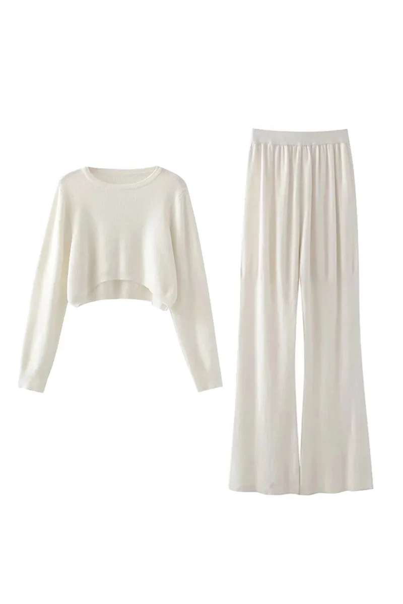 

Fall 2021 new white short jumper thin sweater + knitted high-waist straight-leg pants trousers women's suit