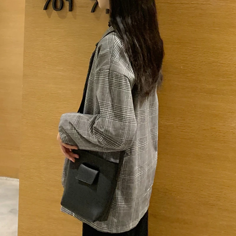 

Blazers Women Gray Plaid Retro Chic Feminino Loose New Spring Coat Minimalist Regular Soft Korean Style Simple Lady Leisure Coat