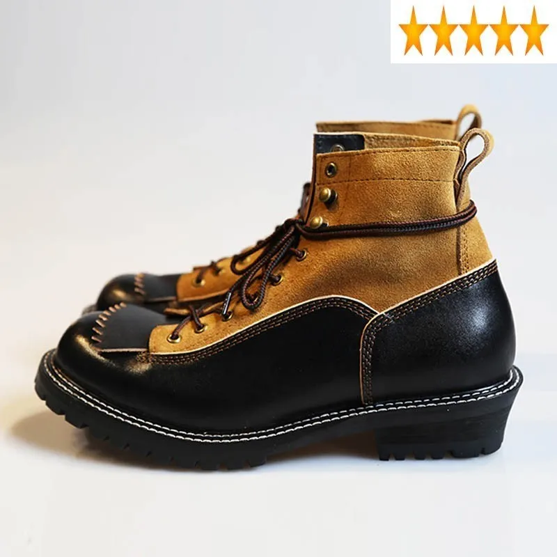 

Quality Ankle Boots Men Handmade 100% Real Leather Lace Up Work Shoes Italian Patchwork Designer Platform Vintage Botas