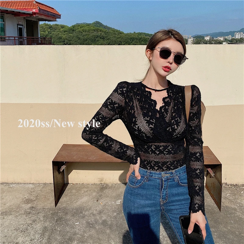 

Nbpm Transparent Mesh Tops Sexy Lace Sweet Chic Gentle V-Neck V 2020 New Spring Summer Women's Blouse Business Party