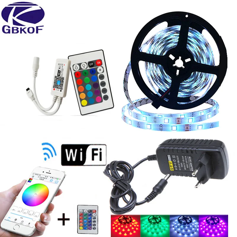 RGB Светодиодная лента светильник SMD 2835 5 м Водонепроницаемая RGB лента 12В лента Диодная Светодиодная лента s светильник Гибкая полоса лампа ИК wifi контроллер