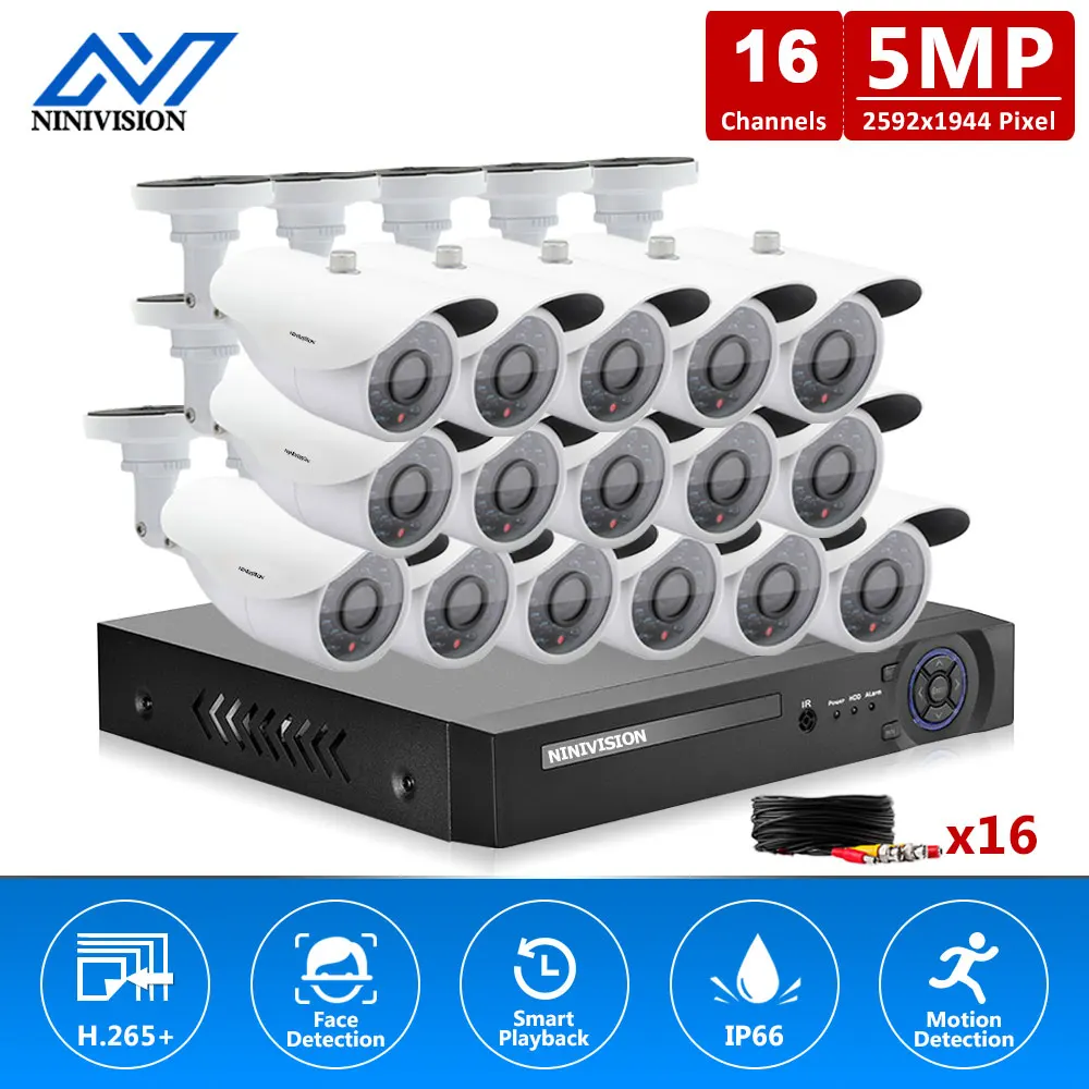 

Face Detection H.265 16CH 5MP 1080P DVR CCTV Security System AHD DVR Kit 5MP 2592*1944 IR Outdoor IP66 Waterproof Camera