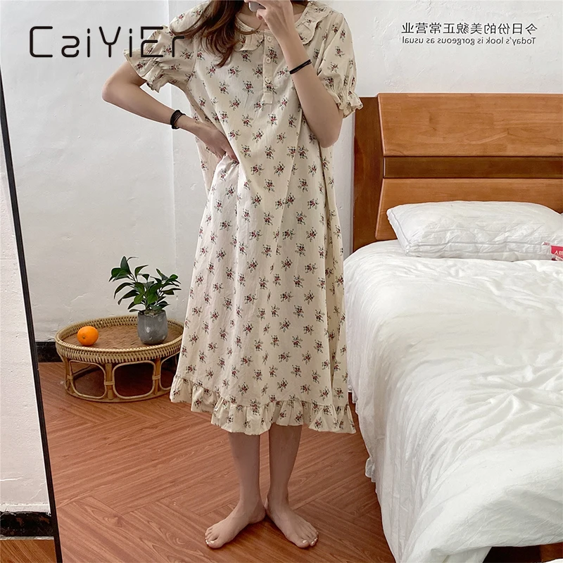 

CAIYIER Summer Women Nightgown Korea Style Sweet Floral Nightdress Loose Kawaii Homewear With Peter Pan Collar Short Sleeve Soft