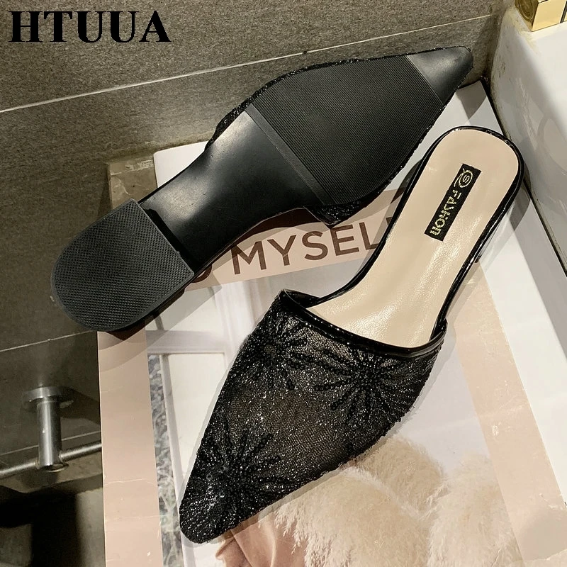 HTUUA/; вышитые шлепанцы с дышащей сеткой; женские шлепанцы с острым носком; шлепанцы на маленьком каблуке; Летняя женская обувь; SX2520