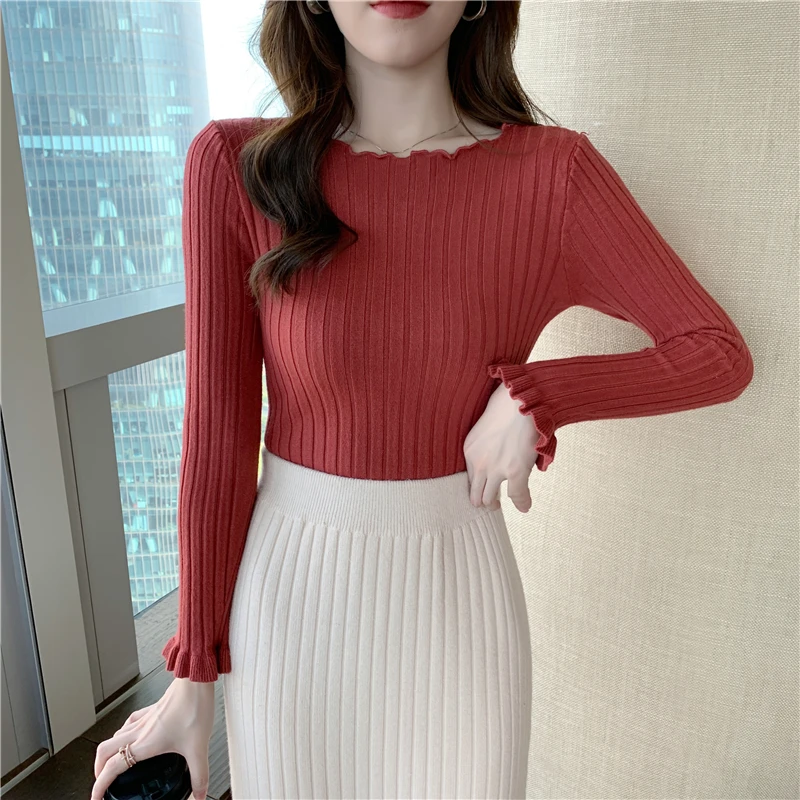 Пуловер женский трикотажный с круглым вырезом и длинным рукавом | Женская одежда