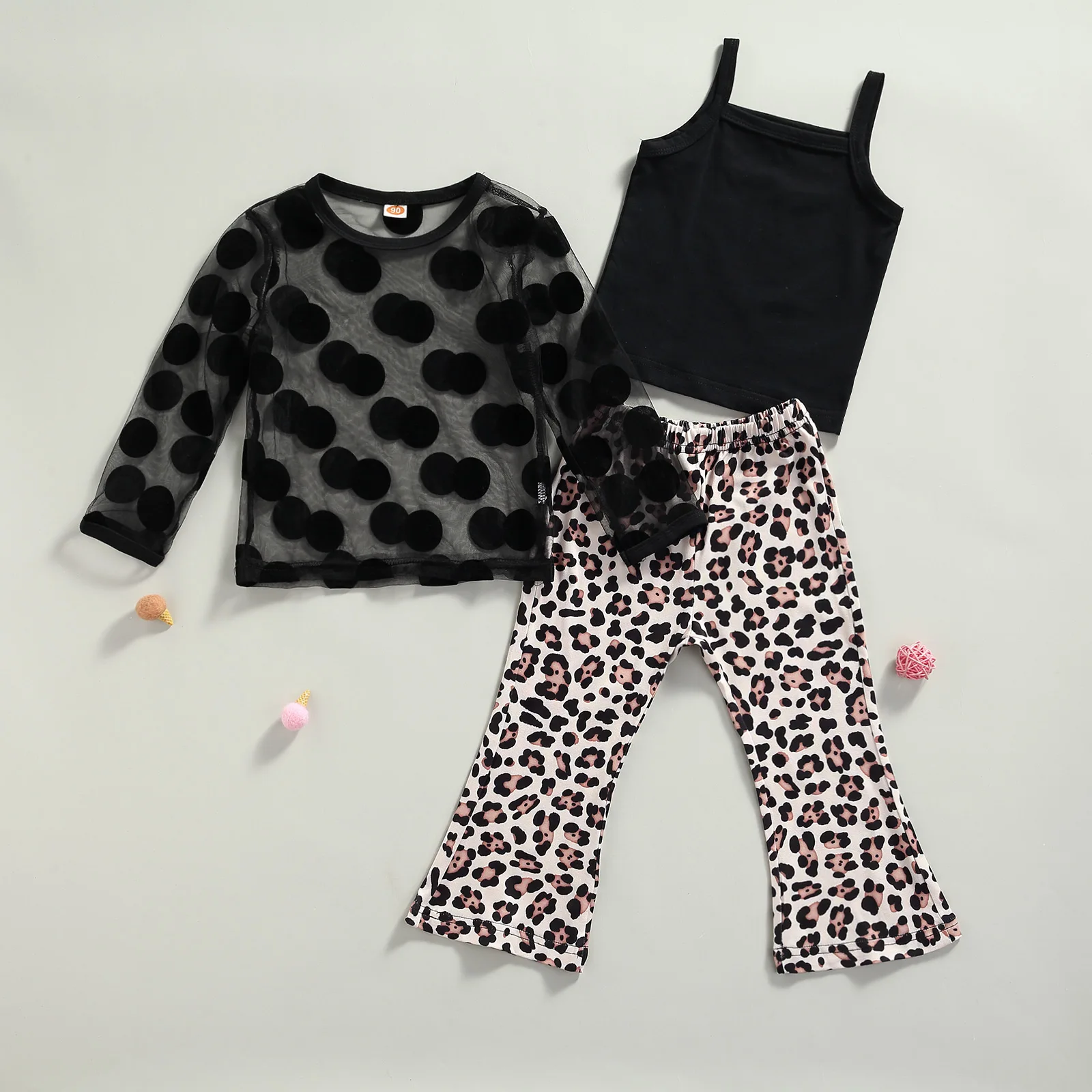 

1-6Y Fashion Toddler Baby Girls Fall Clothes Sets Dot Mesh Lace Long Sleeve Pullover Tops+Vest+Leopard Flare Pants 3pcs
