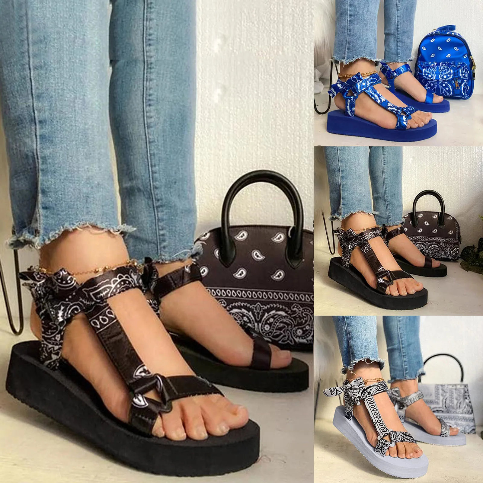 

Sandals Women's Fashion Casual Platform Wedges Cashew Flower Print Buckle Beach Women's Sandals Lace-up Summer Shoes For Women