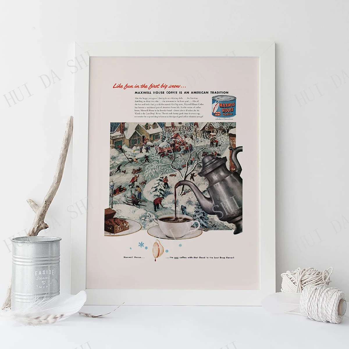 

VINTAGE AD PRINT - Coffee in Winter Poster, Winter Scene Art, 1950s