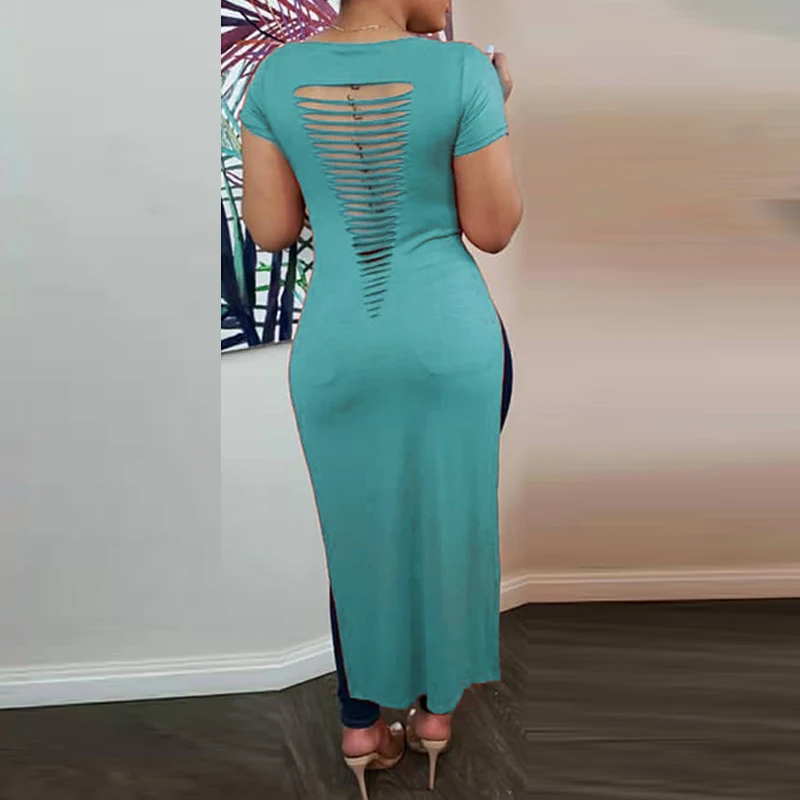 

Women Short Sleeve O-neck T-shirt High Slit Hollow Out Loose Tee Tops