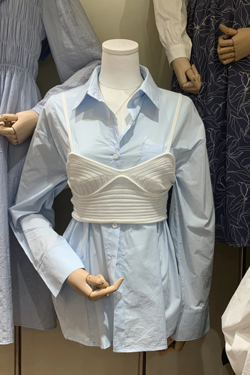 

2021 New Spring Solid Color Long Sleeve Single-Breasted Shirt V-neck Knitted Sling Vest Two-Piece Set Women Blouse