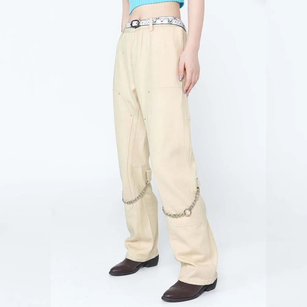 

Dark Icon Khaki Denim Pants Women Chain on Knee High Street Woman Jeans