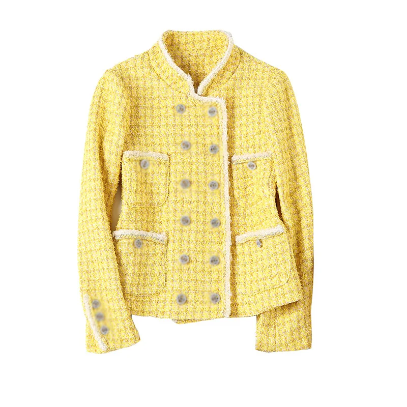 

Женская куртка осень зима 2020 новый OL однотонный модный воротник стойка с длинным рукавом двубортный элегантный короткий жакет S-XL