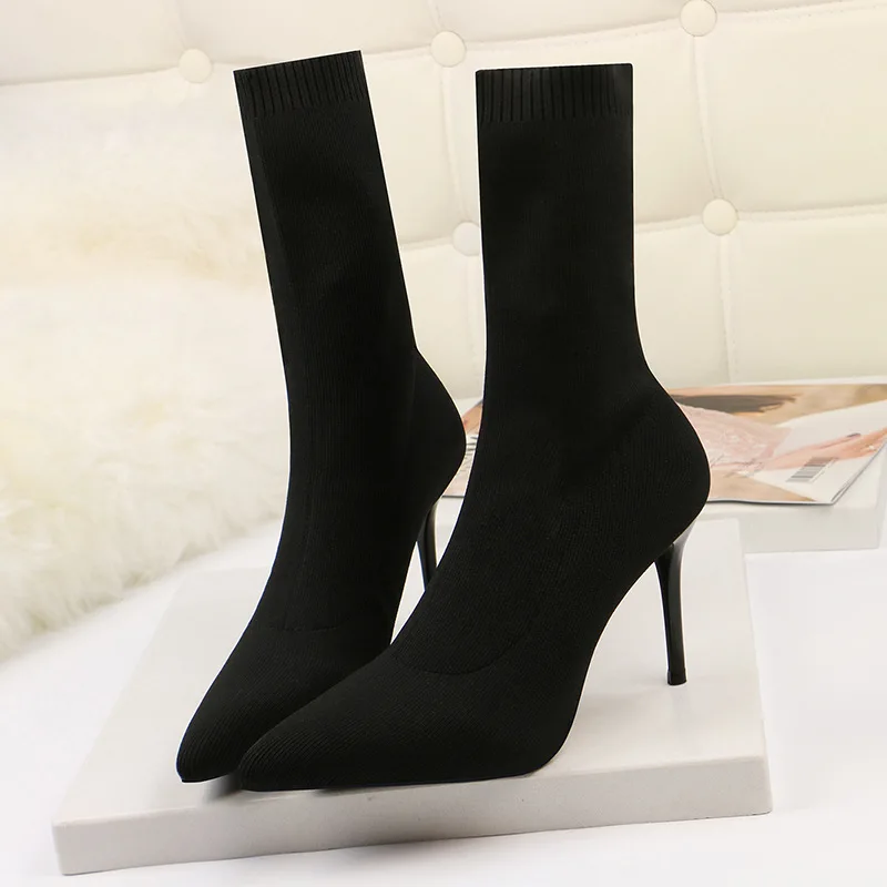 

Spring Autumn Women Sock Boots Fashion Black Boots Women High Heel Shoes Women Knitted Short Boots Ladies New Sexy Female Shoes