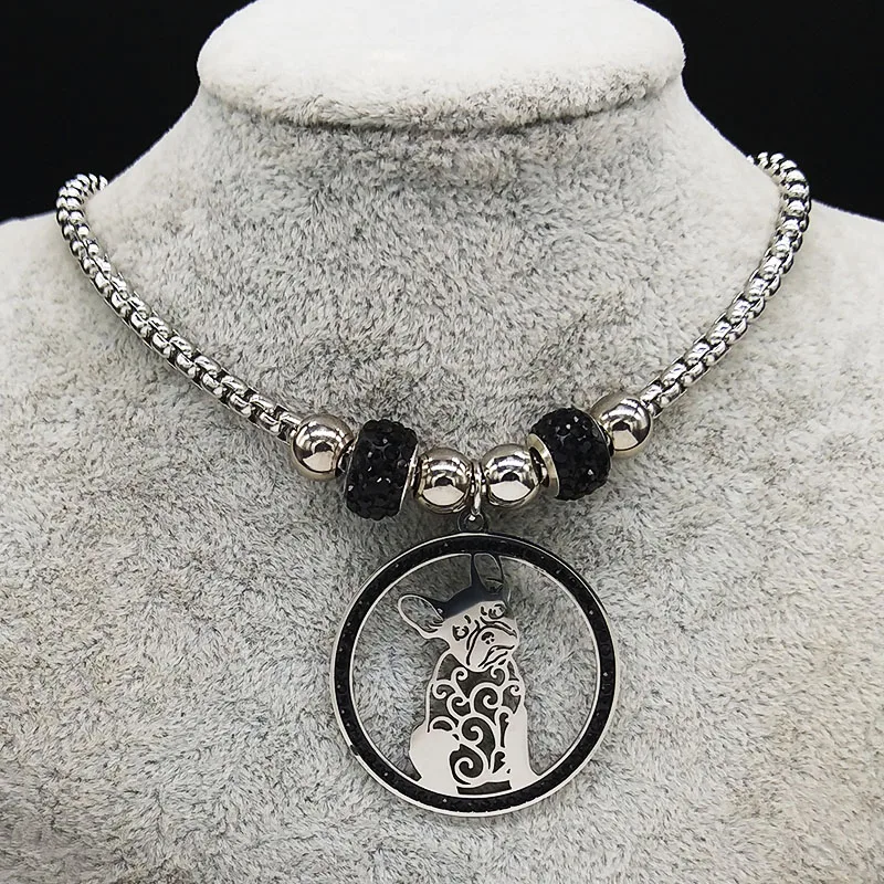 Ожерелье из нержавеющей стали в виде французского бульдога с черными