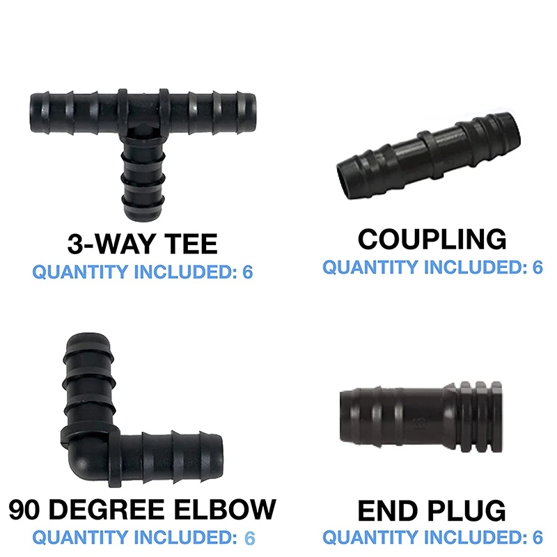 

Irrigation Fittings Kit for Drip Tubing -6 Tees, 6 Couplings, 6 Ends, 6 Elbows - 16mm Compatible Drip Sprinkler Systems