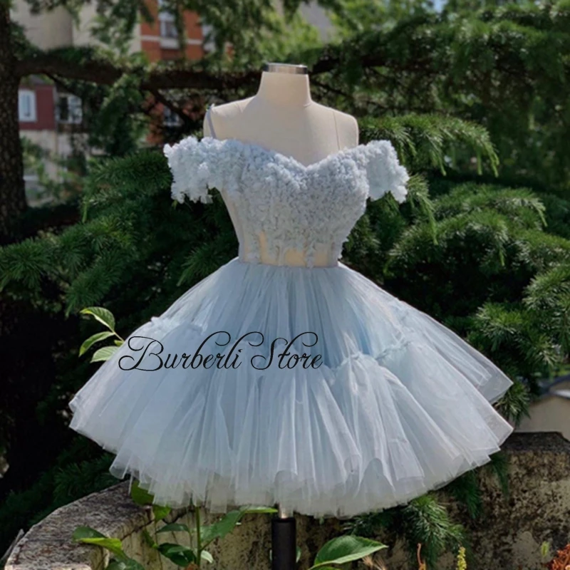 Dreamlike Light Blue Ruffles Puffy Tulle Women Summer Dresses Real Image Short A-line Party Dressing Off Shoulder Prom Gowns