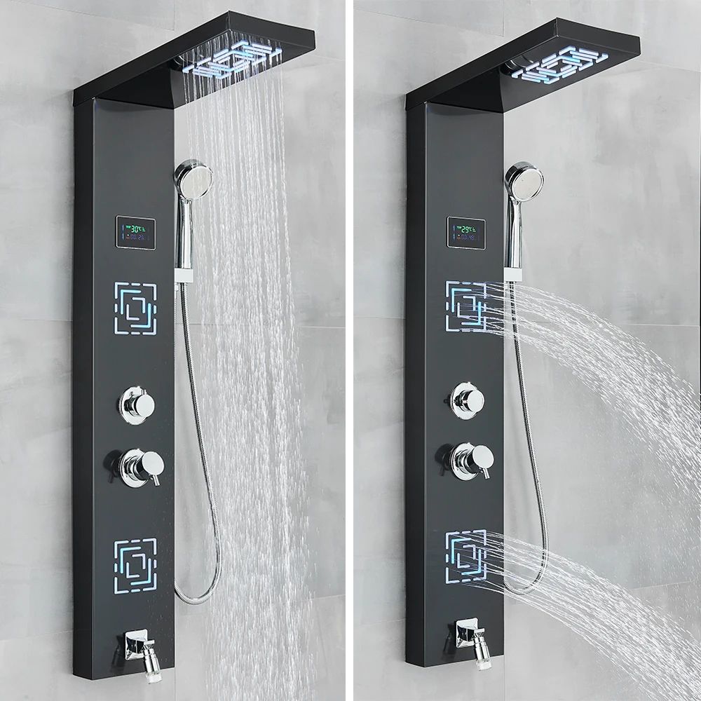 Description Picture 6 of itemRozin LED Bathroom Shower Faucet with LCD Black Rainfall Shower Panel Wall Mounted 5 Mode Massage Jet Shower Column Mixer Tap