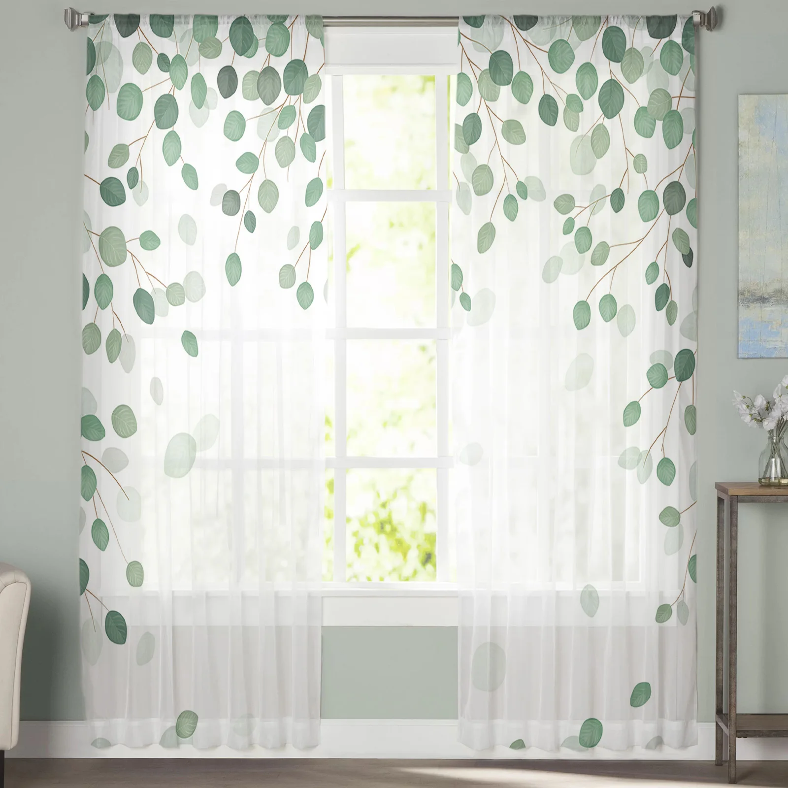 Эвкалипта листья растений зеленого и белого цветов прозрачные Занавески на окна