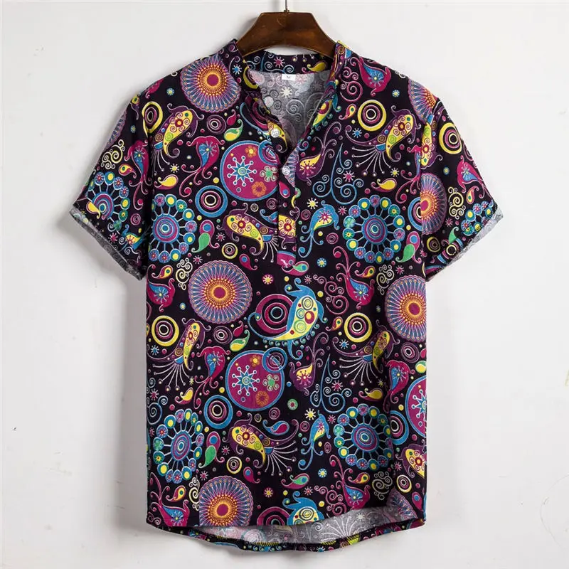Мужская гавайская рубашка camisa, летняя Этническая Повседневная хлопковая льняная рубашка с коротким рукавом, мужская рубашка chemise homme, уличная одежда W