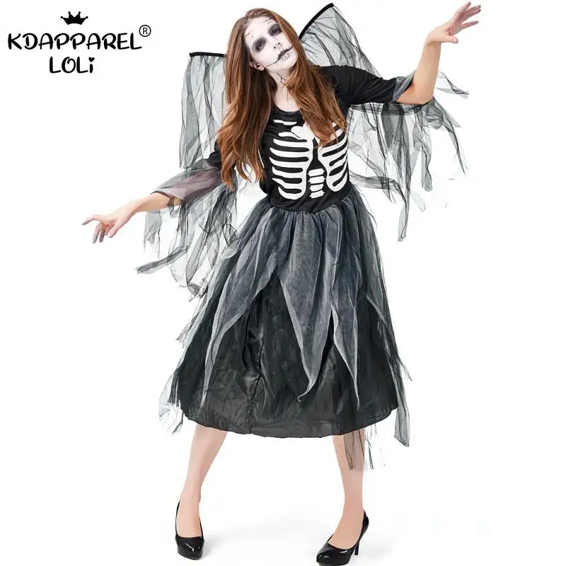 

Карнавальный костюм на Хэллоуин, костюм женское платье зомби с принтом в виде скелета, Темный ангел Mesh Gauze/крутые футболки для девочек для ко...