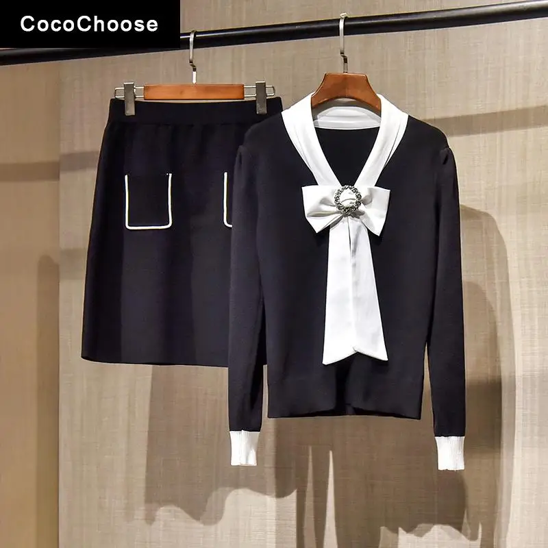 

Женский трикотажный костюм с бантом, черная дизайнерская юбка А-силуэта, пуловер с V-образным вырезом и бусинами со стразами, весна 2022