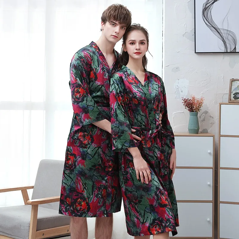 

Silky Print Couples Nightdress Kimono Bathrobe Gown Satin Nightwear Sleepwear Casual Intimate Lingerie Home Clothes Nightgown