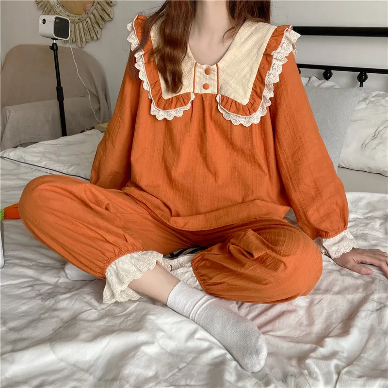 

Spring Japanese Lace-trimmed Cotton Pajamas Set Sweet and Small Doll Collar Thin Cotton Pajamas Women Can Be Worn Outside