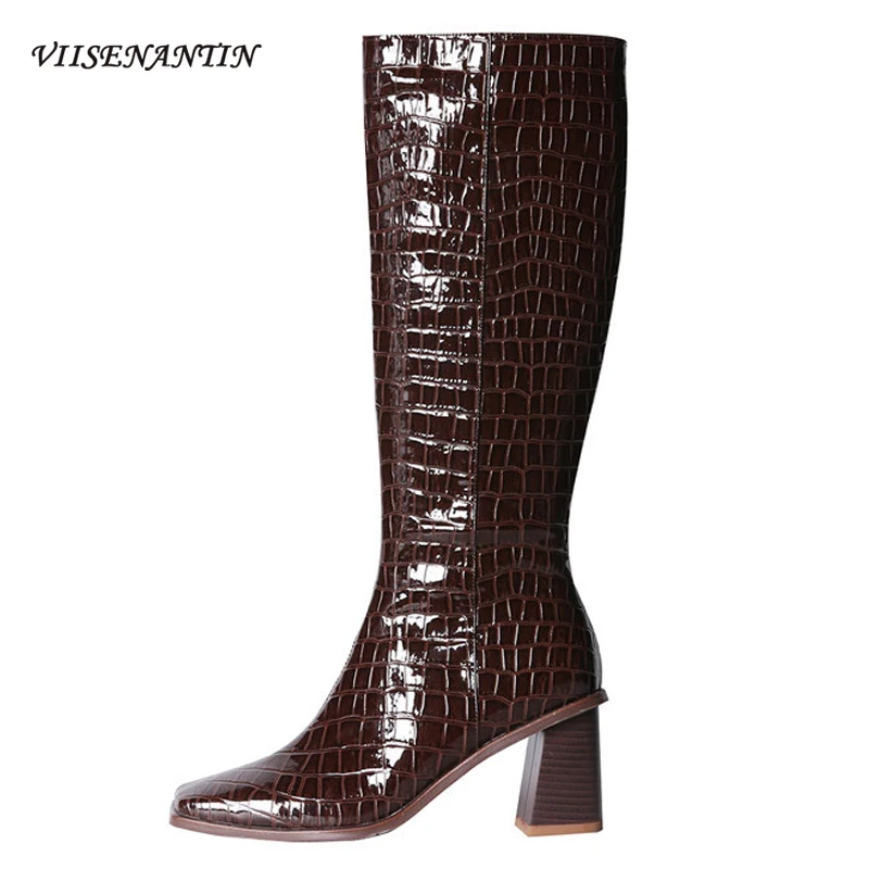 

Женские сапоги из лакированной кожи, коричневые сапоги до середины икры с квадратным носком, на толстом каблуке, на высоком каблуке, в стиле ...