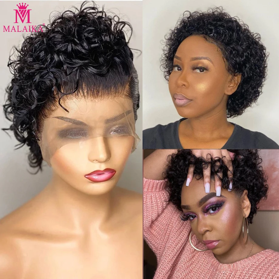 

Malaika Pixie cut Jerry Curly Short Bob 13x1 Lace Front Human Hair Wigs PrePlucked For Women Kinky Deep Water Wave Frontal Wig