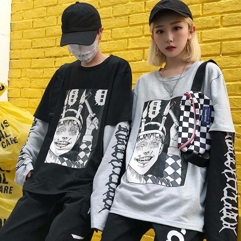 NiceMix Harajuku футболка женская поддельная 2 шт. принт японский Fujiang Ужасы комиксы длинный рукав рубашка Женская Vetement Femme