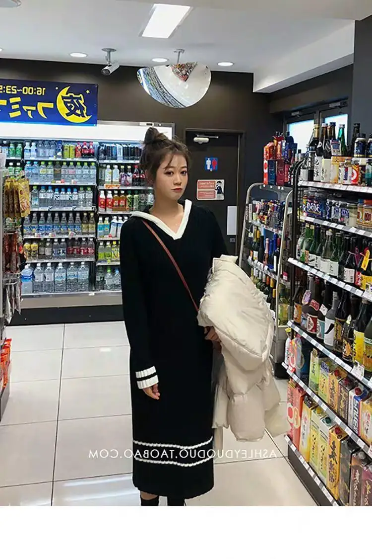 

Korean Hooded Sweater Woman Dress Striped Patchwork Straight Dresses Slim Loose Casual Work Party Women Clothing Autumn Winter