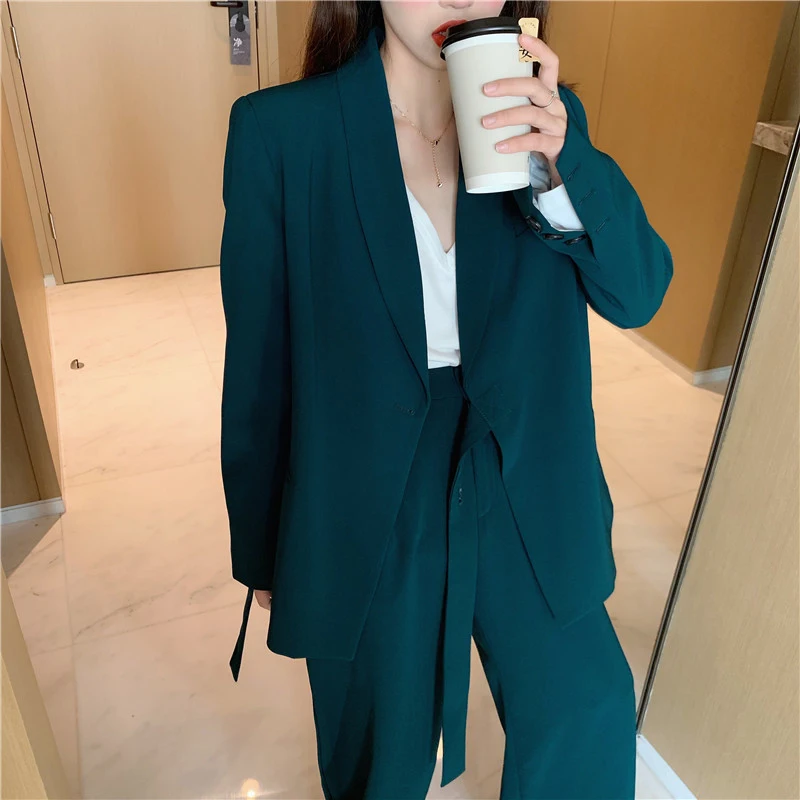 BornSra Vintage Two Pieces Set Women Blazer Lace Up Notched &amp Loose Pant Suits Female Trouser Suit 2020 | Женская одежда