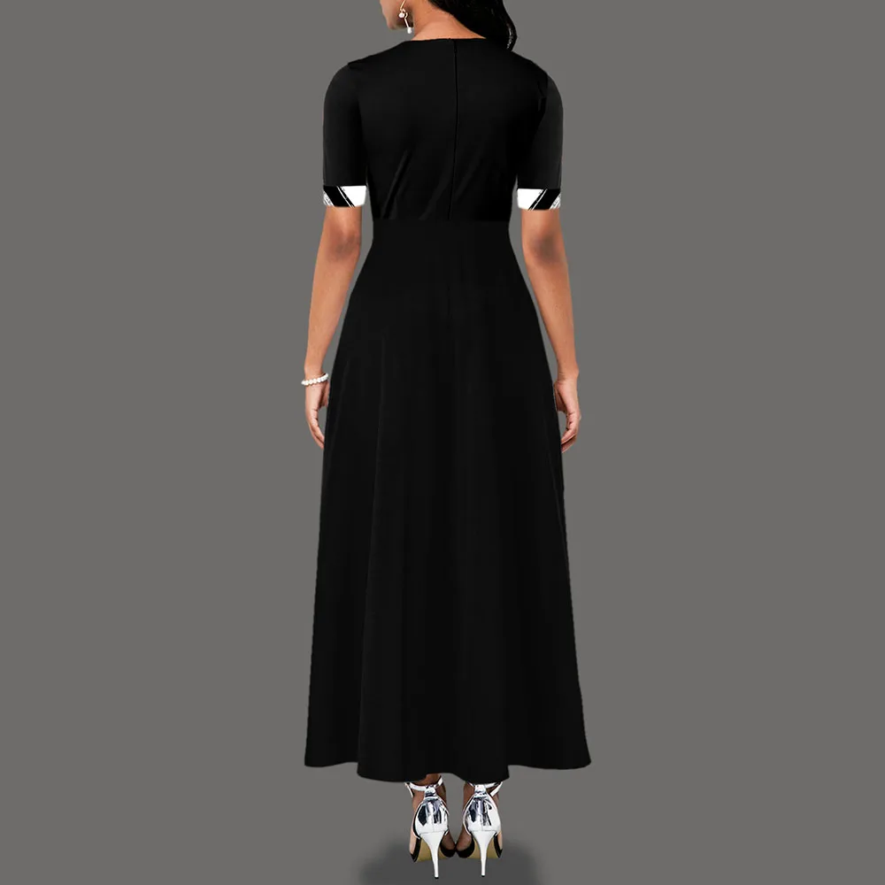 

2021 Summer Plus Size African Stitching Round Neck Commuter Women's Dress Fashion Temperament High Waist Summer