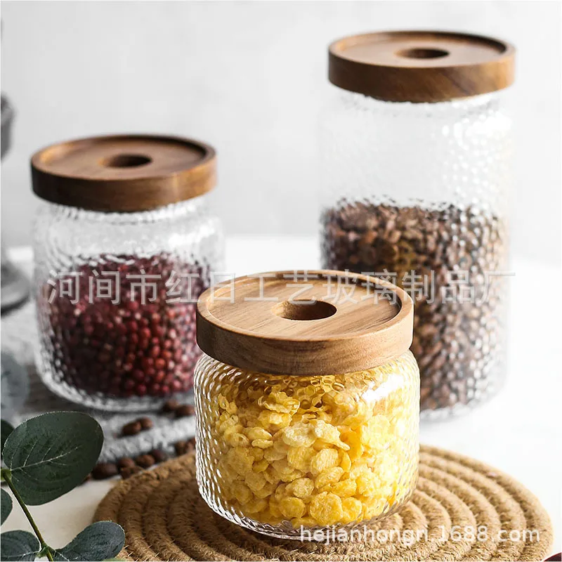 

Creative glass storage jar hammered acacia wooden lid sealed jar coffee bean storage tank Nordic style storage bottle