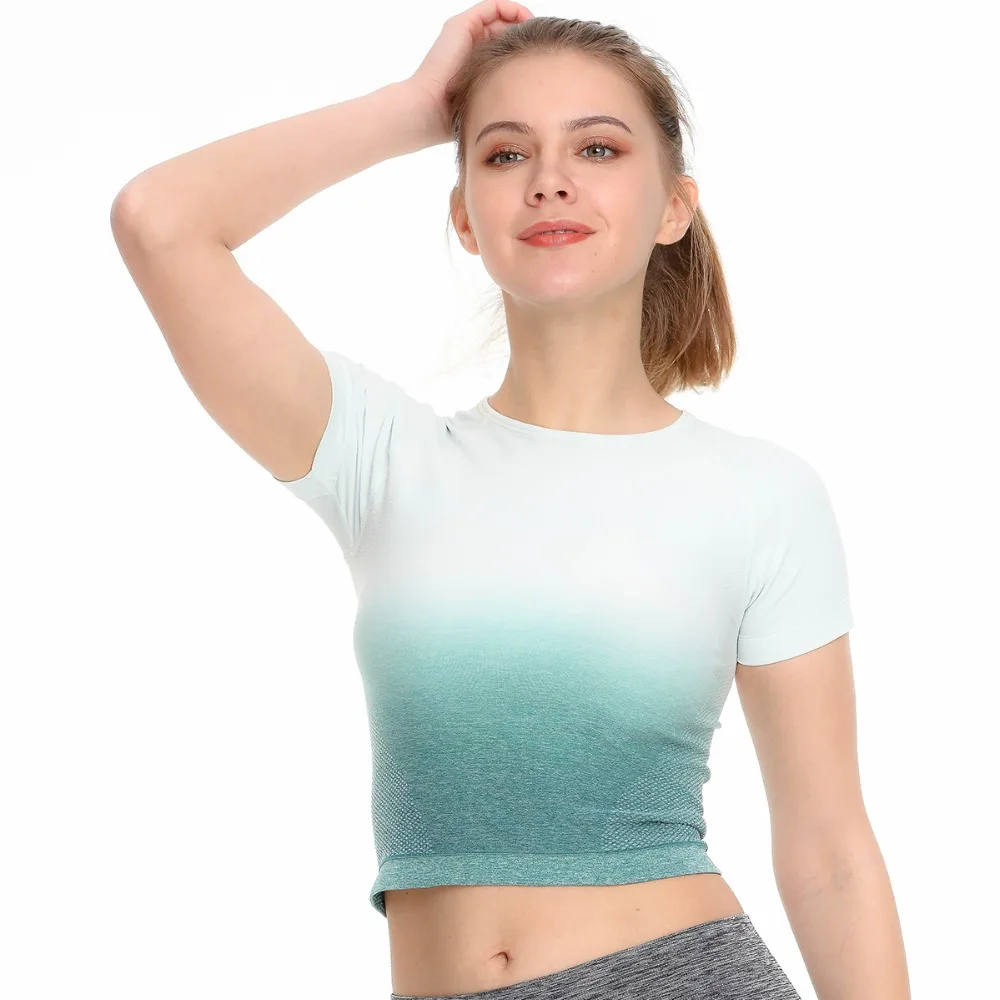 

Women Ombre Yoga Shirts Seamless Sport Crop Top Yoga T-shirt Running Sexy Fitness Crop Top Sportwear Gym Workout Clothes